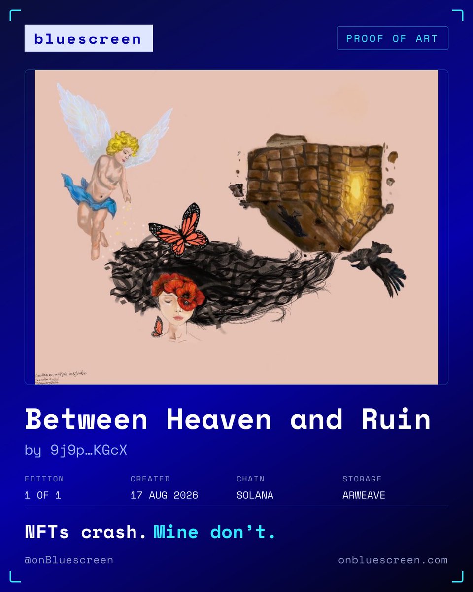 Samantha_Moayed's tweet photo. Hello everyone ๐
My first artwork on the platform.
Happy to be here and excited to share my art with you. โจ๐ชฝ
"Between Heaven and Ruin" by @samantha_moayed on @onBluescreen ๐ฅ๏ธ๐ฆ
nfts crash. mine don't.
#bluescreen
https://t.co/5g0Ly2AHuw https://t.co/dhWaTEr4sx