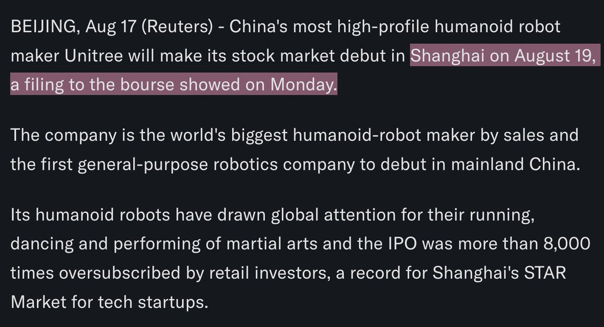 aleabitoreddit's tweet photo. It's official, Unitree the 8000x+ retail oversubscribed humanoid company in China.

Is expected to go public in 2 days! So the 19th. 

Opening is implied to be around ~$41.66B MC per derivatives, around +363.3% above its ~$9B IPO valuation. 

Fun times for humanoids this week. https://t.co/yav4oRs2bO