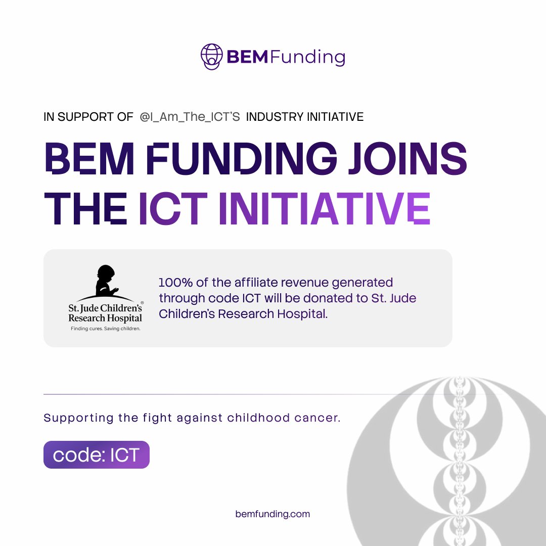 propfirmknow's tweet photo. A PropFirm initiative that deserves attention 👏🏻

BEM Funding has officially joined the ICT Initiative, supporting a cause that goes beyond trading ❤️

• 100% of affiliate revenue generated through code ICT will be donated to St. Jude Children’s Research Hospital

• Supporting the fight against childhood cancer

• Traders can contribute simply by using code: ICT

It’s great to see firms using their platforms to create a real-world impact. 🤝

#PropFirmKnowledge ✍🏻