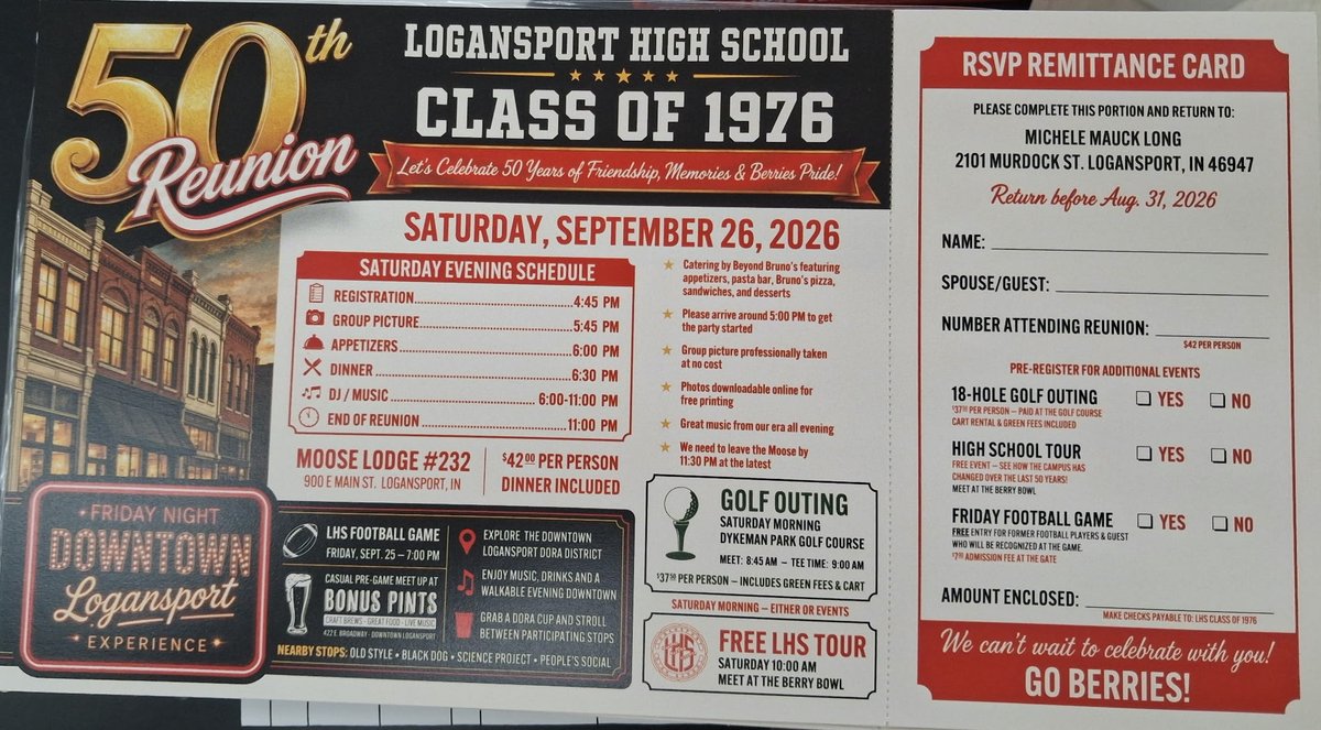 BerriesAlumni's tweet photo. Friendly reminder to the LHS Class of 1976: RSVP for your 50th Reunion by Aug. 31! Join classmates Sept. 25–26 for football, golf, or an LHS tour, and Saturday night’s reunion celebration. ❤️🖤#AlwaysABerry https://t.co/TTlSalGAz5