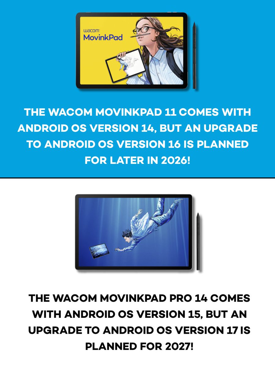 wacom's tweet photo. Goes with you. Grows with you.

Your creativity doesn't stand still, and neither should your drawing pad.

Android OS upgrades are coming soon for Wacom MovinkPad:
✨MovinkPad 11: Android 14 → 16 (planned for later 2026)
✨MovinkPad Pro 14: Android 15 → 17 (planned for 2027) https://t.co/j9itmHznTY