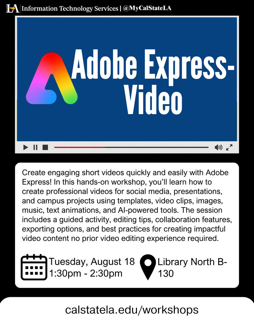 MyCalStateLA's tweet photo. Hey Golden Eagles! Join us for our Adobe Express - Video Workshop on August 18 from 1:30pm-2:30pm in Library North B-130! Find out more at https://t.co/TQnM0dxEGI #MyCalStateLA #CalStateLA_ITS #CalStateLA https://t.co/zfMmRCOu1x