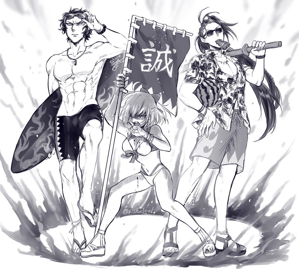kishusoul's tweet photo. 自デバフもりもりでこふってしまった水着おきたさんが助太刀を喚ぼうと誠の旗を立てたら海辺の浮かれポンチスタイルの兄貴分2人が召喚された絵 https://t.co/7M1EfGaZvz