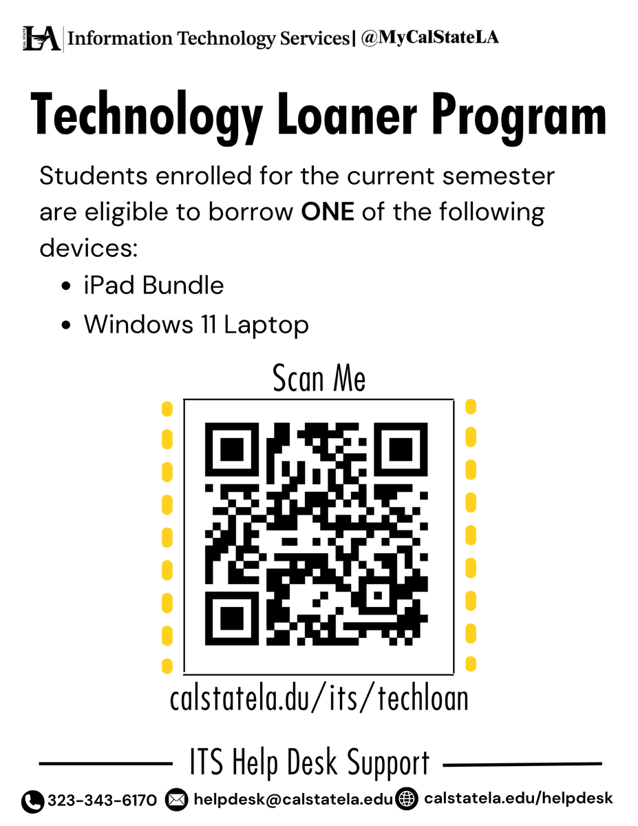 MyCalStateLA's tweet photo. Hey Golden Eagles! Devices are available to all eligible full-time students on a first-come, first-served basis, subject to availability. For more information, check out https://t.co/wGbiHE2R1S #MyCalStateLA #CalStateLA_ITS #CalStateLA https://t.co/MZo7LboPpD