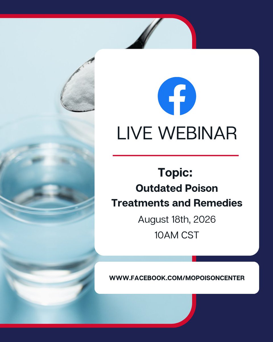 mopoisoncenter's tweet photo. Join us for our Facebook #LiveWebinar on August 18th at 10:00 AM CST! This month's topic: Outdated Poison Treatments & Remedies.
Discover which common poison treatment myths are outdated, what you should avoid doing, and the safest steps to take during a poison emergency.
Watch live at 👉 https://t.co/FVyJqqs3PN
#LiveWebinar #PoisonPrevention #PoisonHelp #PoisonSafety #FirstAid