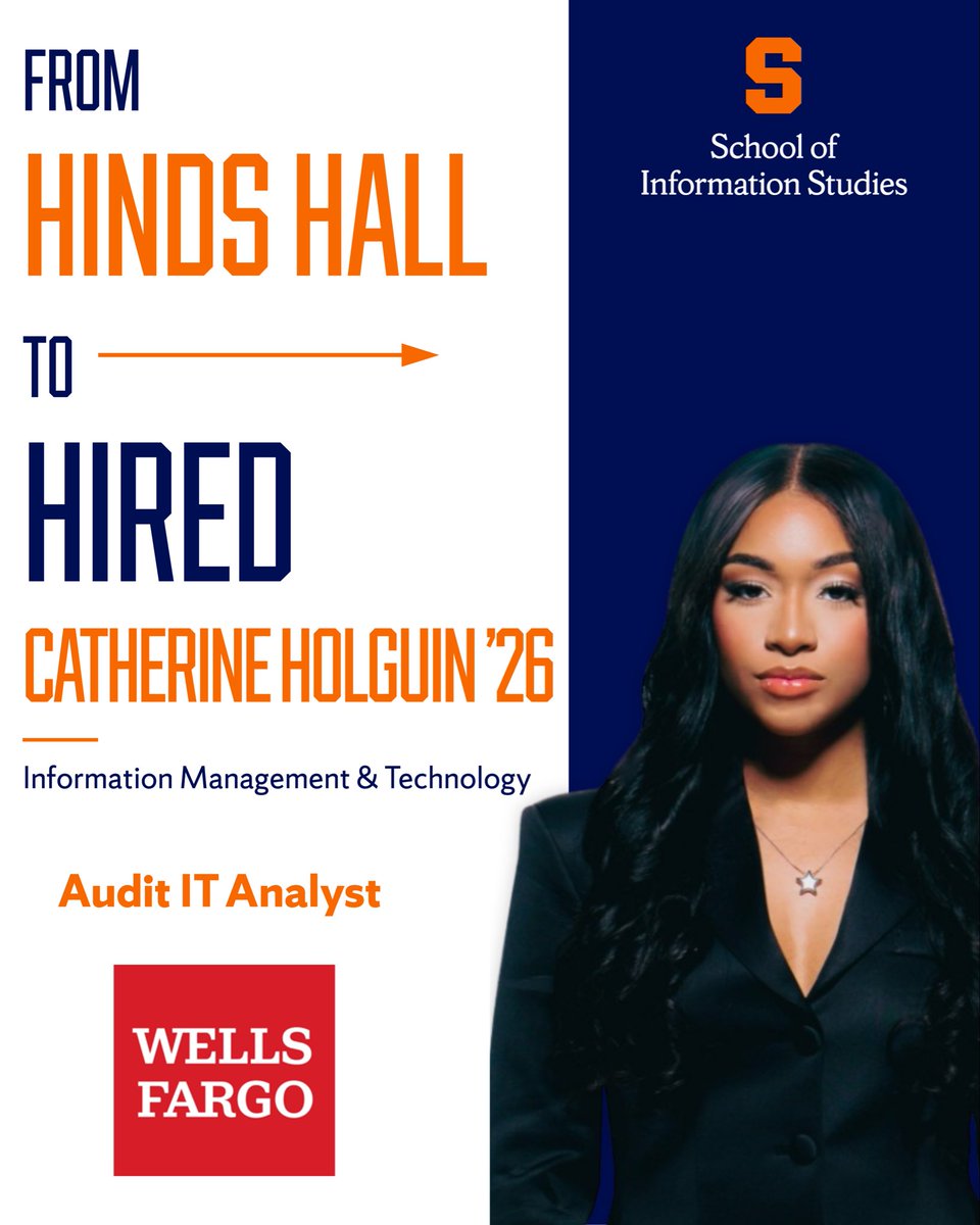 iSchoolSU's tweet photo. Catherine Holguin ’26 turned her Wells Fargo internship into a full-time role as an Audit IT Analyst!

“The iSchool gave me the foundational knowledge, confidence, and community that allowed me to excel in my internship and earn a full-time position.”

Congratulations, Catherine! https://t.co/ZNWwFtPXhN