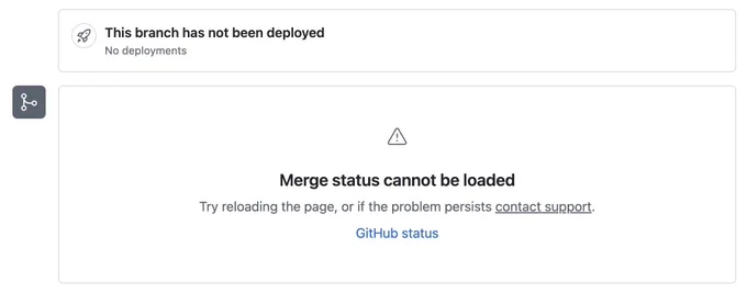 Screenshot of not being able to merge a GitHub PR: "Merge status cannot be loaded"