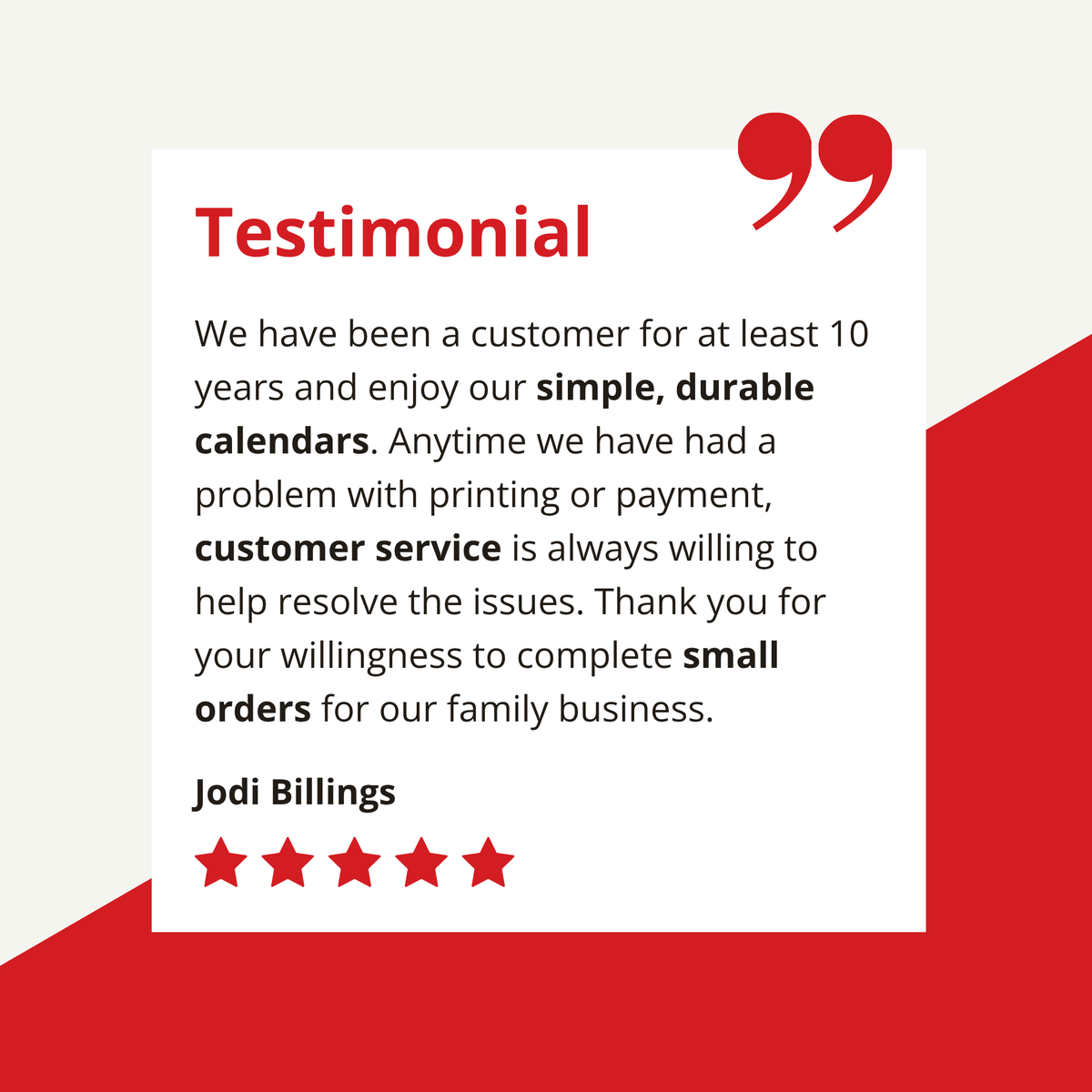 CalendarsDIRECT's tweet photo. Consistency, durability, and exceptional customer care; that's what keeps clients like Jodi Billings &amp; Justin C. returning to Promo Calendars Direct for over 10 years! 

Order yours today: https://t.co/QkjKgCwGxE

#ClientSuccess #Testimonial #CustomerLove https://t.co/GaFTpdE5I6