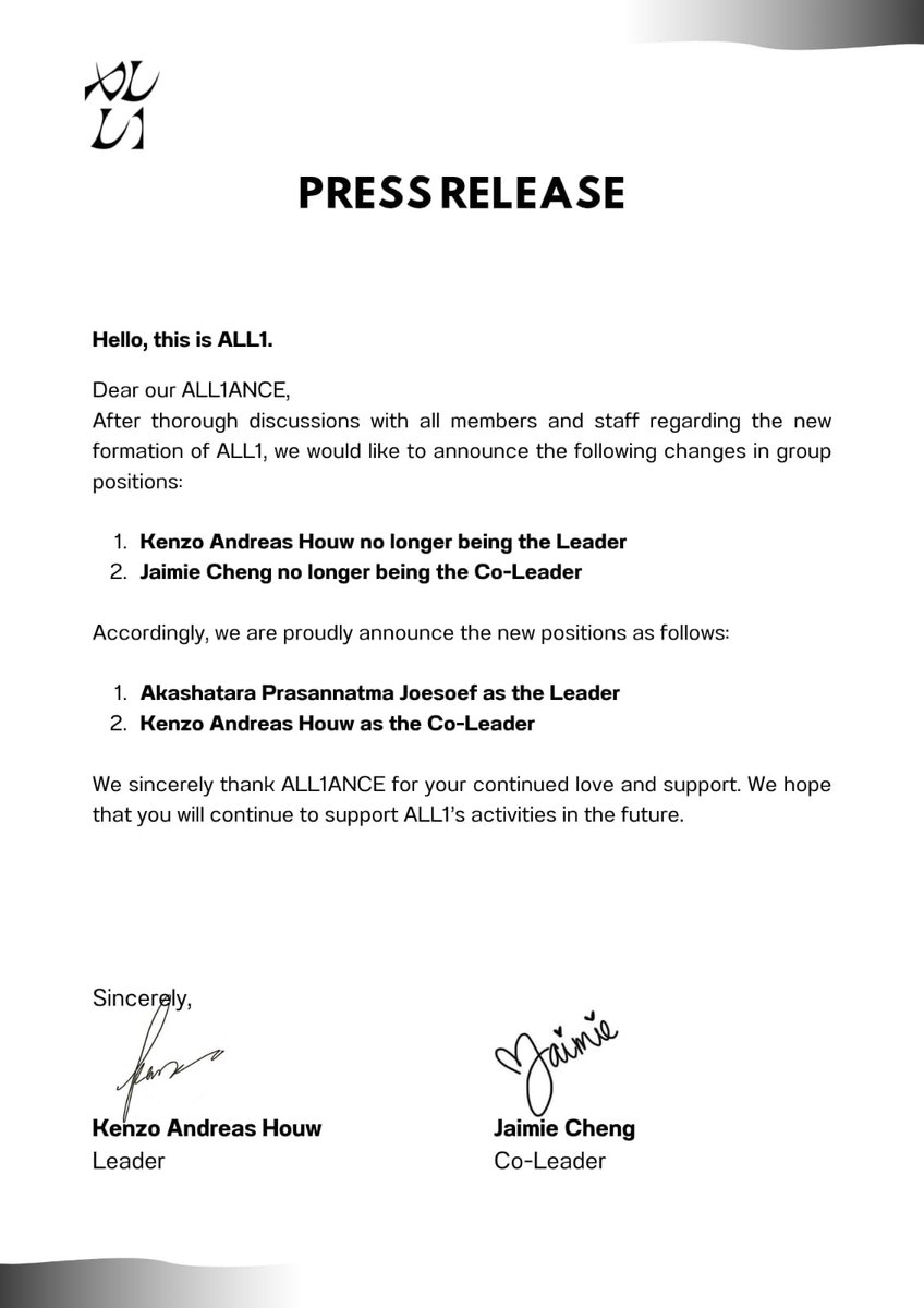 WEALL1_OFC's tweet photo. ㅤ 
                            
⌞ #PRESS_RELEASE ⌝

Along this letter, we kindly ask ALL1ANCE and the public to continue supporting our future activities.

ㅤㅤㅤ https://t.co/5s0gh9R1fi