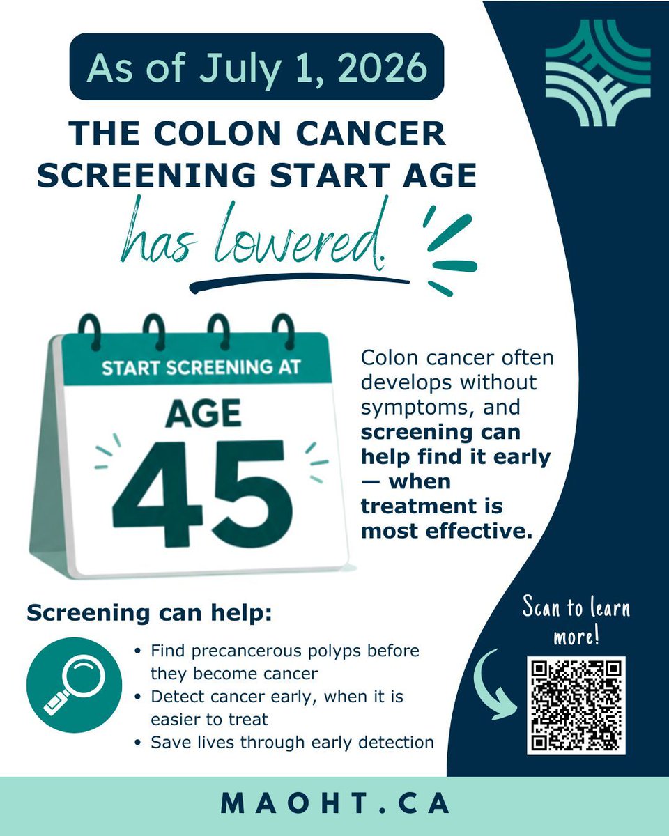MuskokaAlmaguin's tweet photo. 💙 Colon cancer screening now starts at age 45 for most people in Ontario.
Screening can find colon cancer early—when treatment is most effective—and detect precancerous polyps before they become cancer.
Learn more: https://t.co/x5RnhpDIgZ
#ColonCancerScreening #MAOHT #OHT https://t.co/wPx73d44eC