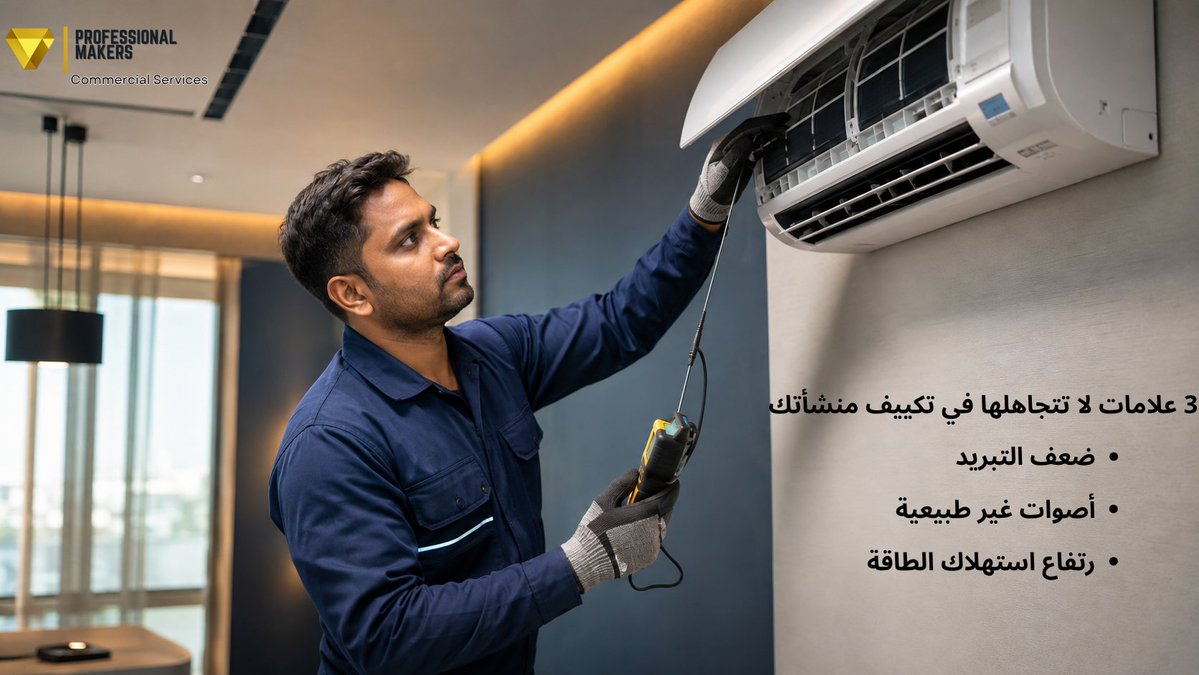 PROFESSIONLM's tweet photo. المكيف شغّال… لكن هل يعمل بكفاءة؟

ضعف التبريد، الأصوات غير الطبيعية وارتفاع استهلاك الطاقة قد تكون مؤشرات تحتاج إلى فني تكييف محترف.

استقطب الكفاءة التي تحتاجها منشأتك مع صنّاع الاحتراف | Professional Makers.
🌐 https://t.co/8e8Zh4mgmF

#صنّاع_الاحتراف #فني_تكييف #موارد_بشرية https://t.co/W8xlw4nkpY