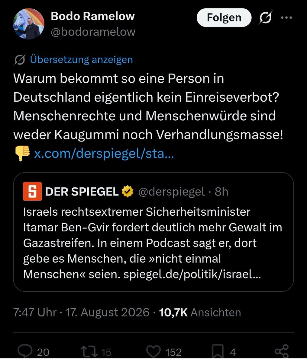 Nightmare_Snake's tweet photo. Bodo Ramelow bezeichnet Menschen die gegen Völkermord sind in Gaza als Antisemiten,wenn aber Israelische Regierungspolitiker und Minister offen aussprechen was sie mit den Palästinensern machen, dann wird Ramelow recht klein laut und fordert nur ein Einreiseverbot. https://t.co/bZtNidt1iO