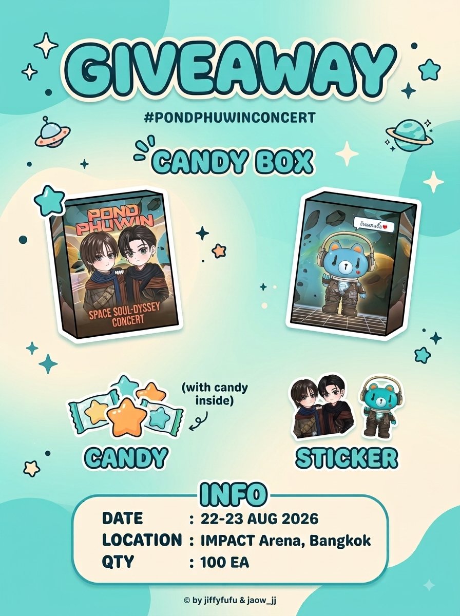 jiffyfufu's tweet photo. Giveaway for 
SPACE SOUL-DYSSEY CONCERT🚀

🛸CANDY BOX 100 EA🛸
🗓 DATE : 22 - 23 AUG 2026
📍 LOCATION : IMPACT ARENA
⌚️ TIME : TBA

#pondphuwinconcert https://t.co/SvQTaCx5ON