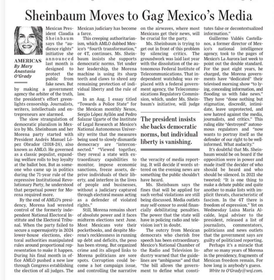 GRIN_RR's tweet photo. No se pierdan el artículo de @WSJ que evidencia la intención de @Claudiashein de censurar a los medios y ciudadanos críticos que muestren su corrupción y su alianza con el crimen organizado.
#NarcoGobierno https://t.co/72WO58bqnU