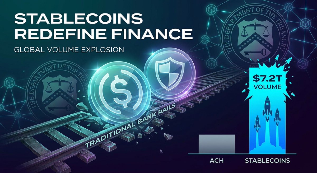 0xFallingAngel's tweet photo. Stablecoins just settled $7.2T in a month—crushing ACH volume. GENIUS Act locks in US lead with clear 1:1 rules. DeFi lending and payments scaling fast. Onchain rails are live. NFA DYOR https://t.co/GcQ0odfut9