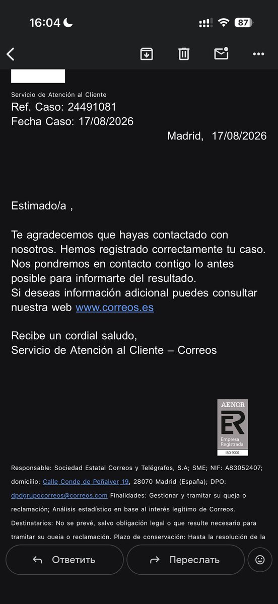 ArtemL30's tweet photo. Ya he recibido dos cartas de Correos con el número de expediente, en las que supuestamente van a estudiar el hecho de que el paquete lleva 11 días en el almacén y no tienen previsto enviármelo.
@CorreosAtiende @Correos @CorreosExpress @Cex_responde https://t.co/KyDmBdR6t1