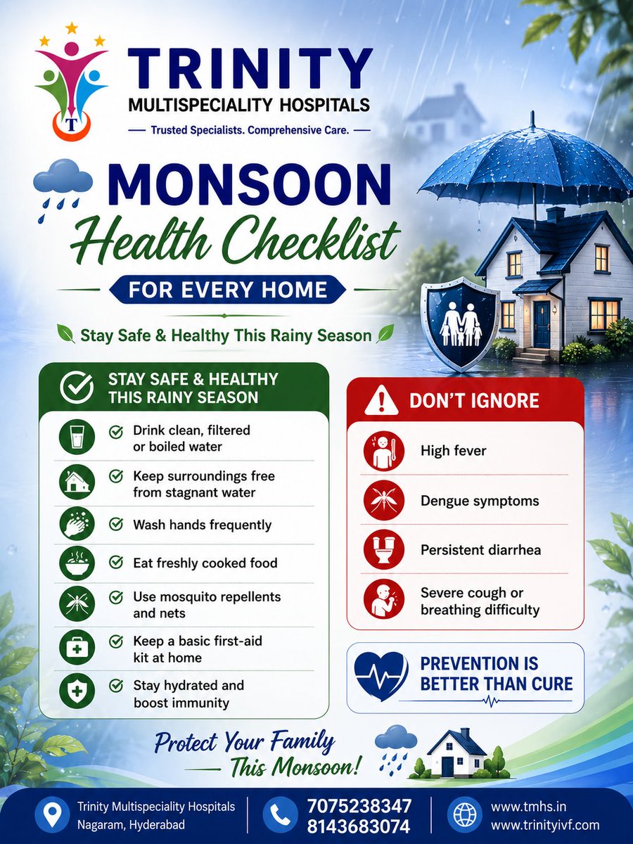 multi_trinity's tweet photo. 🚨🌧️ **Monsoon Health Checklist for Every Home** 🏠💙

The rainy season brings relief from the heat, but it also increases the risk of infections, mosquito-borne diseases, stomach illnesses, and seasonal flu. https://t.co/dAFTXugSOF