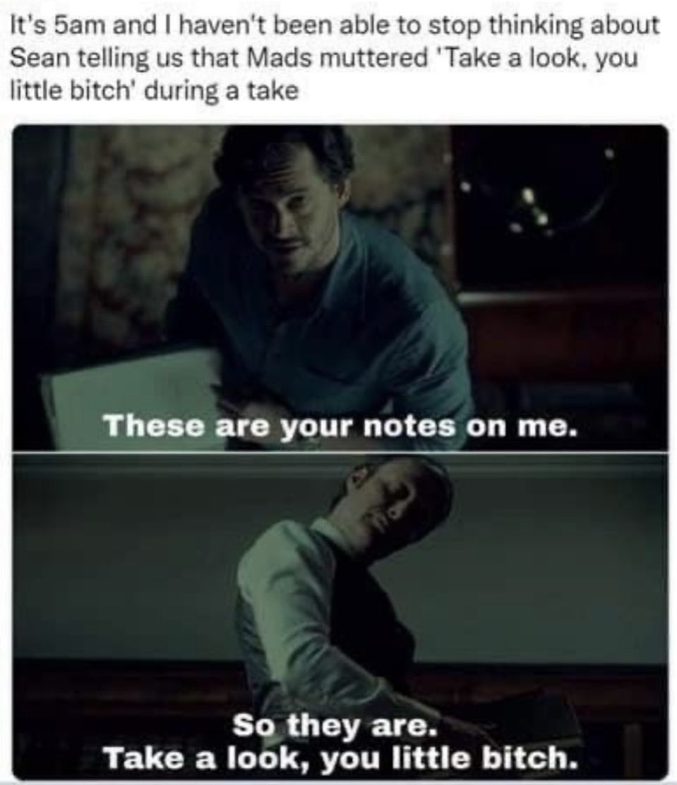 BiancoDell's tweet photo. Mads saying this is so funny that I now headcanon Hannibal occasionally having the most unhinged swear words going through his head. But ofc he is too polite to say them out loud. https://t.co/OjVuDq0uFn