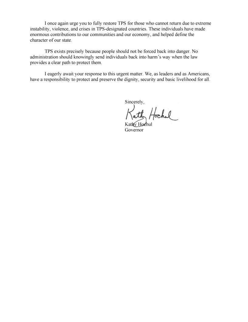 GovKathyHochul's tweet photo. Terminating Temporary Protected Status for hundreds of thousands of immigrants is reckless and inhumane. 

My letter to @SecMullinDHS: https://t.co/GpSK6E6S89