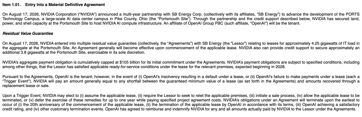 theconvexpayoff's tweet photo. $NVDA signed the Portsmouth, Ohio deal with OpenAI this morning, and per the 8-K the guaranty is capped at $105 billion.

the press reported it at around $250 billion in late july, then walked it down to under $120 billion three days ago. the signed number came in under both. the equity investment in SB Energy landed the same way, at half the top of the range reported two days ago.

the idea is NVIDIA is standing behind OpenAI's rent for 20 years. as long as OpenAI pays, nothing moves. if OpenAI defaults, NVIDIA covers whatever gap is left after the site gets re-leased or sold, and it can also just take over the lease itself.

the cap covers about 4.25 gigawatts of leases at the Portsmouth site in Pike County, Ohio, with service expected to begin in 2028.

per NVIDIA's own prior quarterly filing, its entire guarantee book across every partner facility was capped at $3.5 billion. this one deal is thirty times that.

there's also a clause that ends the whole guaranty early if OpenAI achieves a satisfactory credit rating.