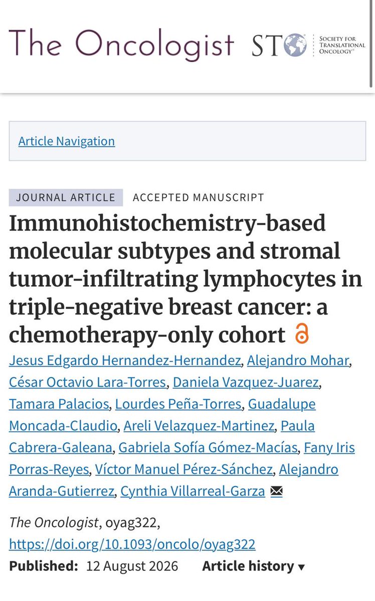 ogarrieta's tweet photo. Subtipos moleculares y linfocitos infiltrantes en el cáncer de mama triple negativo.

Una revisión que analiza su relevancia en pacientes con tratamiento de quimioterapia, con la participación del Dr. Alejandro Mohar, Dra. Paula Cabrera @anelcabrera, Dra. Fany Porras, Dr. Víctor Pérez, Dr. César Lara, Dra. Areli Velázquez, Dr. Alejandro Aranda del @incanMX, y cols.