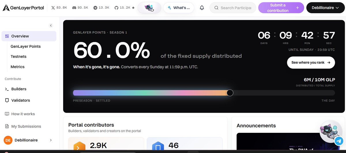0xnosky's tweet photo. @GenLayer just converted all points accumulated during the campaigns  to GLP points 
you have till the 30/08/2026 to claim yours else it will be roll bcak to season 1
You can claim yours https://t.co/SZGCdCGAh1
 season 1 just started and will run for 6 weeks https://t.co/2m6970c6ed