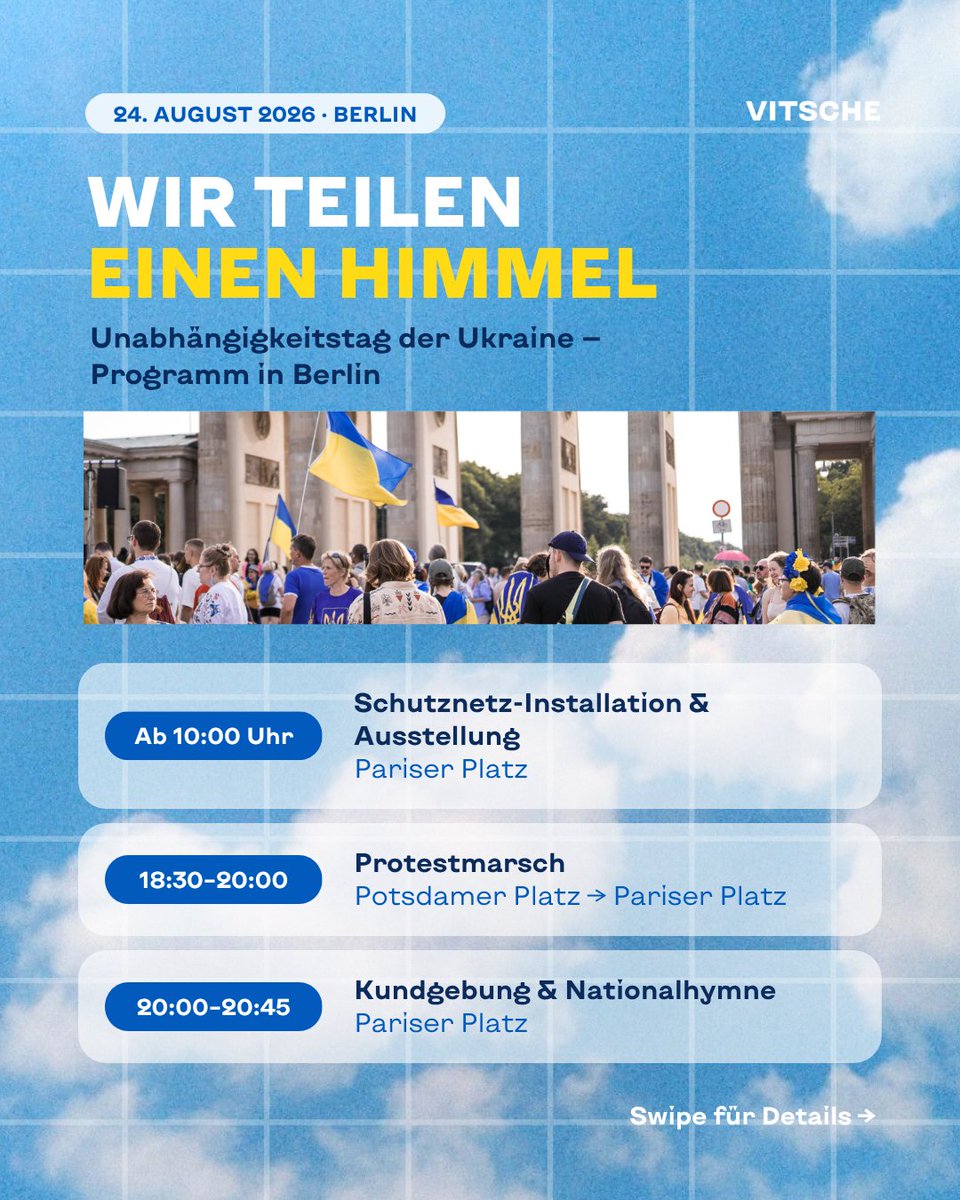 VitscheBerlin's tweet photo. 🇺🇦 Am 24. August, dem Unabhängigkeitstag der Ukraine, kommen wir in Berlin unter einem Himmel zusammen.

Das vollständige Programm: https://t.co/QUU4DjOCCr

Ab 10:00 Uhr macht eine großflächige Schutznetz-Installation auf dem Pariser Platz sichtbar, was für viele Menschen in ukrainischen Frontstädten längst Alltag ist: Netze über Straßen als Schutz vor russischen Drohnenangriffen. Eine begleitende Ausstellung erzählt von den Opfern der sogenannten „Menschenjagd“.

Um 18:30 Uhr startet unser Protestmarsch am Potsdamer Platz und führt zum Pariser Platz. Dort schließen wir den Abend mit einer Kundgebung und der gemeinsam gesungenen ukrainischen Nationalhymne ab.

Unsere Botschaft ist klar: Die Ukraine braucht wirksamen Schutz für ihre Städte und ihre Bevölkerung. Denn die Sicherheit der Ukraine ist auch die Sicherheit Europas.

🗓 24. August 2026, Berlin
🕡 Protestmarsch: 18:30–20:00 Uhr
📍Potsdamer Platz → Pariser Platz

Kommt dazu und macht mit uns sichtbar: Wir teilen EINEN HIMMEL.