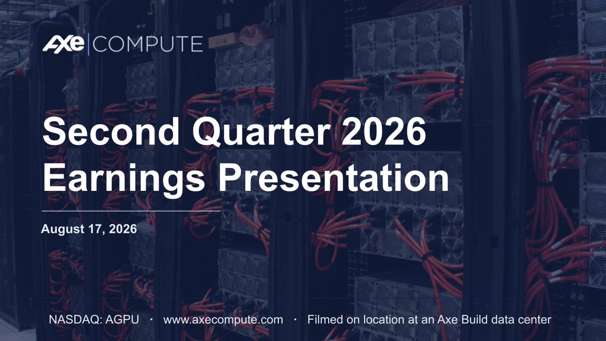 AxeCompute's tweet photo. Axe Compute's (NASDAQ: AGPU) Q2 2026 earnings call replay is up, filmed live from our 2K NVIDIA B300 GPU cluster data center.  

Highlights: 

- 90x+ sequential revenue growth 
- $317M+ in customer prepayments for our $1.3B cluster build 
- $260M B300 cluster in build, targeting Q3 go-live -55 MW secured with $DUOT
- $3B+ in total 2026 signed contract value

Watch the replay: https://t.co/gMNuDrhQSU