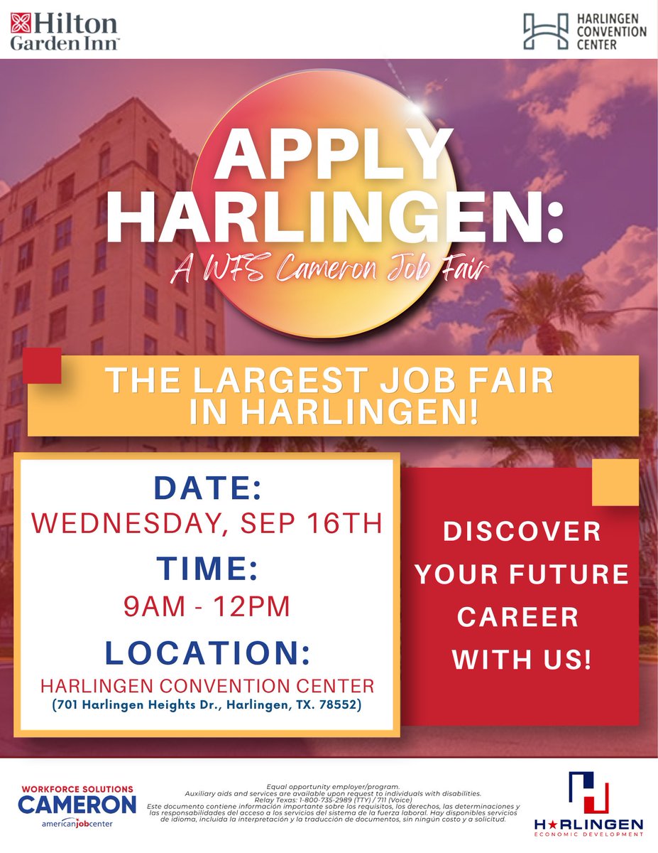 WFSCameron's tweet photo. OUR JOB FAIRS ARE BACK!

Get ready for the LARGEST JOB FAIR IN HARLINGEN!

📅 Date: Wednesday, September 16th
🕘 Time: 9am - 12pm
📍 Location: Harlingen Convention Center,
701 Harlingen Heights Dr., Harlingen, TX. 78552

🔗 Register today: https://t.co/1mutiY7d3f https://t.co/ukJ5oMTceM