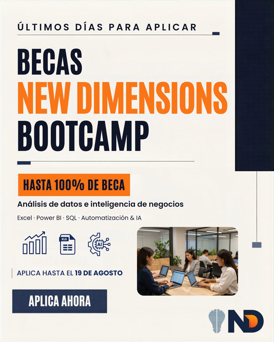 newdimension_ec's tweet photo. 🚀 Impulsa tu perfil profesional con New Dimensions Bootcamp.

Obtén una beca de hasta el 100% y desarrolla habilidades en análisis de datos e inteligencia de negocios, con herramientas como Excel, Power BI, SQL, Automatización e IA.

📅 Postula hasta el 19 de agosto. https://t.co/hsgnbACnmn
