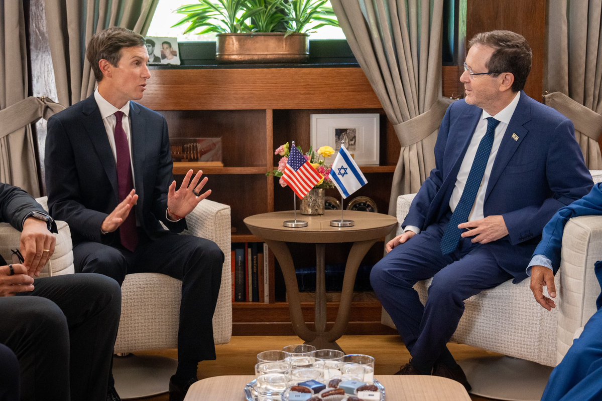 Isaac_Herzog's tweet photo. I met with U.S. Special Envoy @JaredKushner, Board of Peace High Representative @NMladenov, and their teams at the President's Residence in Jerusalem today.

I am grateful for their ongoing efforts to advance to the next stages in Gaza, in accordance with President Trump's 20-Point Plan. I was impressed that Israel’s security interests are an important and central element of their plan. 

I commended and encouraged their efforts to ensure a brighter and more secure future for the people of Israel, the people of Gaza, and the entire region.
