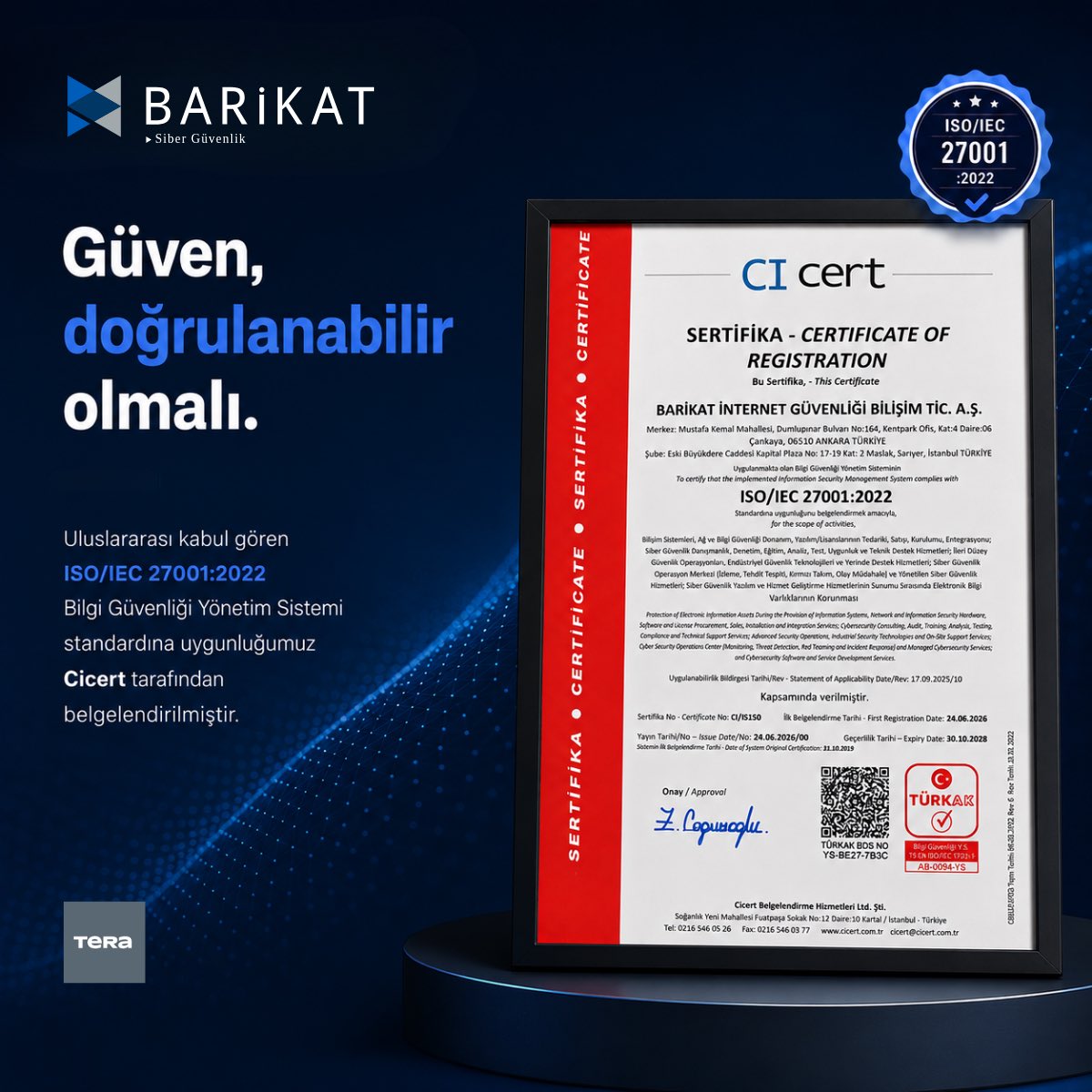 barikat_siber's tweet photo. Güven, doğrulanabilir olmalı.

Siber güvenlikte güven yalnızca verilen sözlerle değil; standartlarla, süreçlerle ve bağımsız denetimlerle inşa edilir.

Barikat olarak, uluslararası kabul gören ISO/IEC 27001:2022 Bilgi Güvenliği Yönetim Sistemi standardına uygunluğumuz Cicert Belgelendirme Hizmetleri Ltd. Şti. tarafından belgelendirildi.

Bu standart kapsamında;

🔹 Bilgiyi koruyoruz.
Bilgi varlıklarımızı sistematik olarak koruma altına alıyoruz.

🔹 Riskleri yönetiyoruz.
Bilgi güvenliği risklerini belirliyor, değerlendiriyor ve kontrol altında tutuyoruz.

🔹 Süreçleri denetliyoruz.
Bağımsız denetimlerle süreçlerimizin etkinliğini düzenli olarak ölçüyoruz.

🔹 Sürekli iyileştiriyoruz.
Bilgi güvenliğini tek seferlik bir hedef değil, sürekli gelişen bir yönetim yaklaşımı olarak ele alıyoruz.

Çünkü bizim için güvenlik, yalnızca sunduğumuz hizmetlerin değil, kendi çalışma biçimimizin de temelini oluşturuyor.

#Barikat #ISO27001 #InformationSecurity #CyberSecurity #BilgiGüvenliği #RiskManagement #TeraHolding