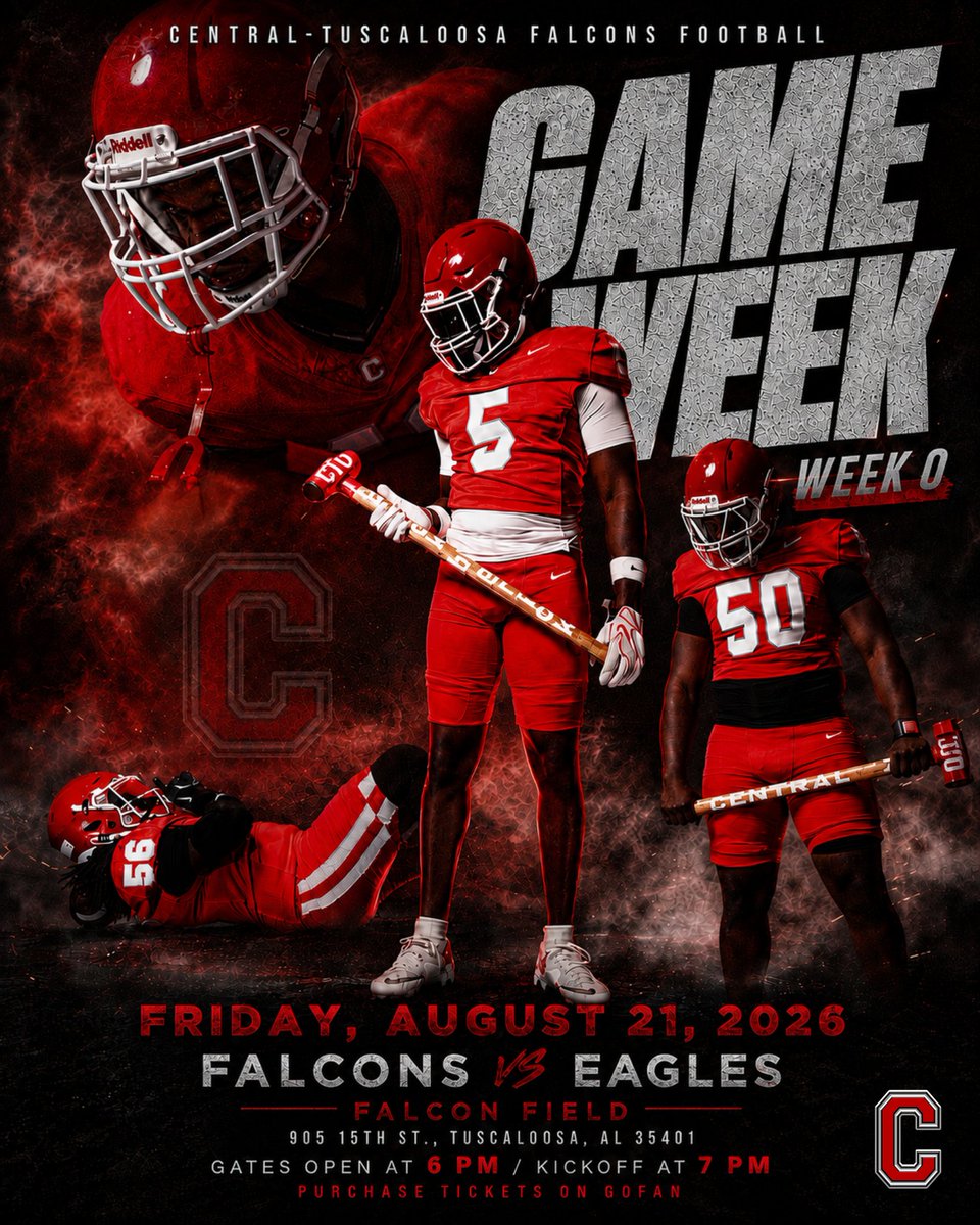 CHSFalconsFTBL's tweet photo. WEEK 0. IT’S TIME. 🧱🏈

Central-Tuscaloosa opens the 2026 season vs. Center Point under the lights at Falcon Field.

📅 Aug. 21 | Gates 6 PM | Kickoff 7 PM
🎟️ https://t.co/PhzKnGBjfx

#WeAreCentral #ChasingGreatness

@GoCHSFalcons 
@TCSBoardofEd @TCSAthletics_1 
@AL5AFootball1 https://t.co/xHrUVbZcnh