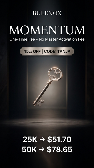 futuresedgepro's tweet photo. New Momentum Qualification is live.

One-time fee.  
No Master activation fee.  

Simple path. Clean structure.  
Get funded without the extra costs.

🎯 Bulenox 45% off

🎈 25K → $51.70  
🎈 50K → $78.65

🔗 https://t.co/sEtr8oXaBe  
💕 Code : Tanja

#TANJA #Bulenox #FuturesTrading #MyFundedFutures #Apex #TopStep #Tradeify #Takeprofittrader #TPT #TraderMindset #es #nq #DayTrading #Lucidtrading #Momentum #PropFunding