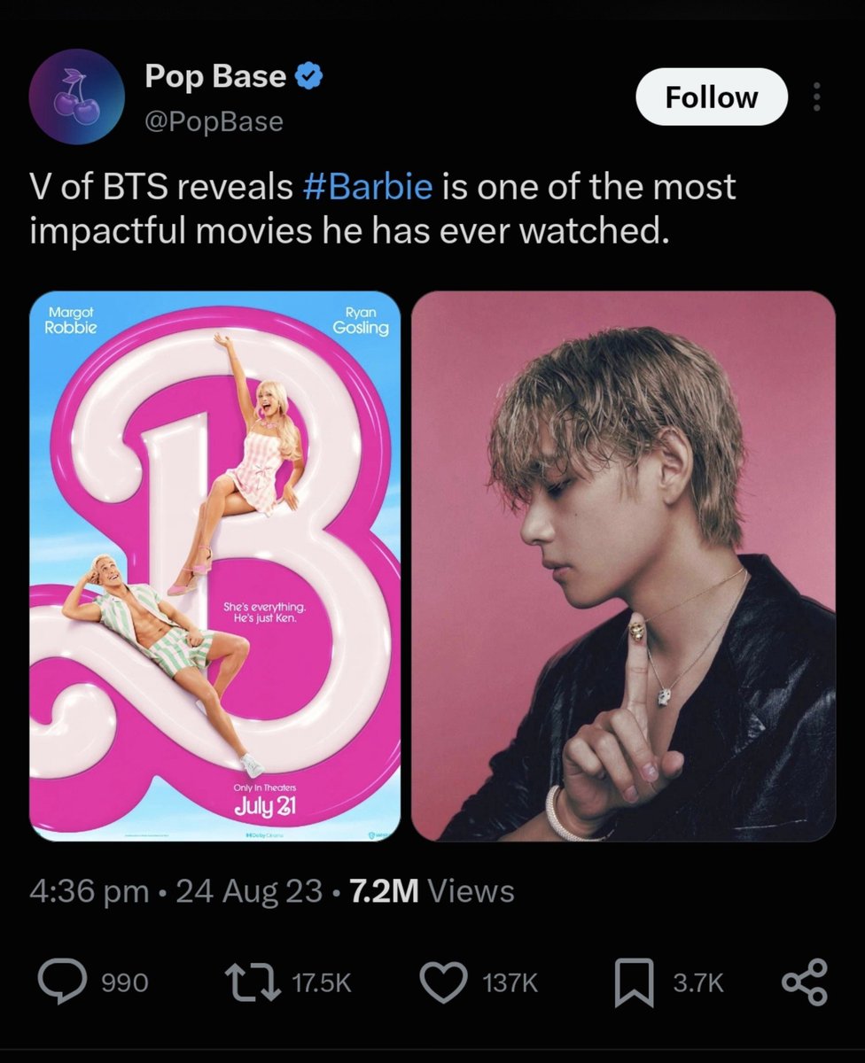 godthvs's tweet photo. taehyung getting cancelled for saying barbie is one of the most impactful movie he has ever watched https://t.co/MVfR3tvtUN