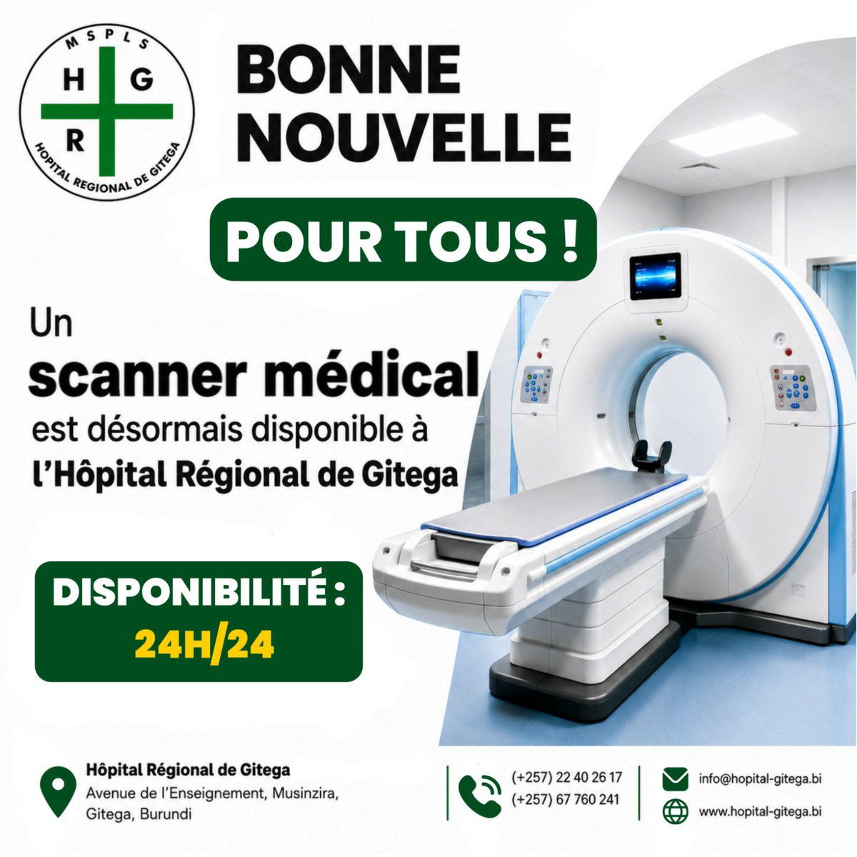HopitalGitega's tweet photo. Le Scanner médical est désormais disponible à l'Hôpital Régional de Gitega. 
Une nouvelle avancée pour améliorer l'accès aux examens médicaux spécialisés et contribuer à une prise en charge de qualité. 

Service disponible 24h/24, 7jours/7. https://t.co/1EWOnPjgeS