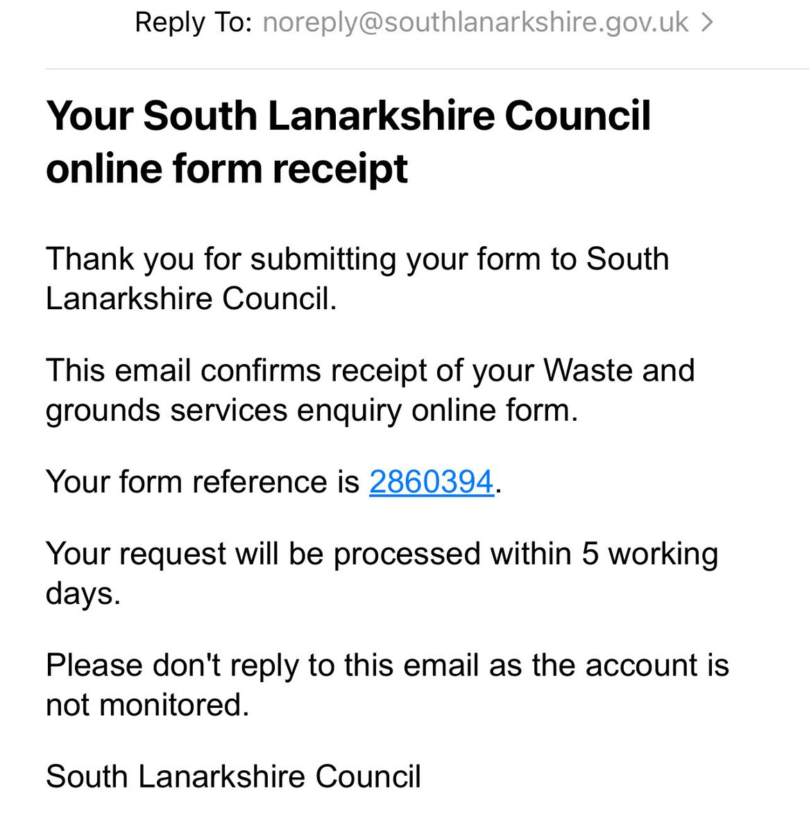 KittyHellscream's tweet photo. @SouthLanCouncil Can't remember the exact name of the form but this is the confirmation email https://t.co/qlkCMArb8W