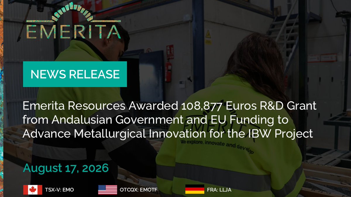 EmeritaRes's tweet photo. Emerita Resources Awarded 108,877 Euros R&D Grant from Andalusian Government and EU Funding to Advance Metallurgical Innovation for the IBW Project.

✅ Grant covers 35% of a €311,077 eligible budget
✅ Awarded under the Andalusia ERDF 2021–2027 Program, 85% co-financed by the EU
✅ 23-month program at Emerita's facilities in Puebla de Guzmán (Huelva)
✅ Non-dilutive — payable on completion and justification of eligible activities

The R&D program targets 3 outcomes: improving copper, zinc and lead concentrate quality for EU smelters; recovering high-purity antimony; and producing higher-value metallic products closer to the mine site.

$EMO.V #Spain #Sevilla #Mining #Copper #Gold #Silver #PreciousMetals #Antimony #ResearchAndDevelopment #News #Toronto #TSXV

https://t.co/Da26fDDYep