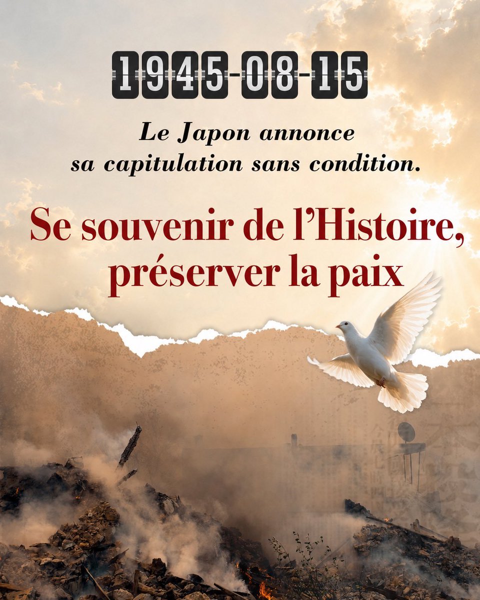 ht_china_office's tweet photo. Il y a 81 ans, le Japon a annoncé sa capitulation sans condition.

Chacun, y compris le peuple japonais, doit rester vigilant, garder les yeux grands ouverts et ne jamais laisser quiconque renouer avec la voie désastreuse du bellicisme et du militarisme. https://t.co/03PNsNp7qH