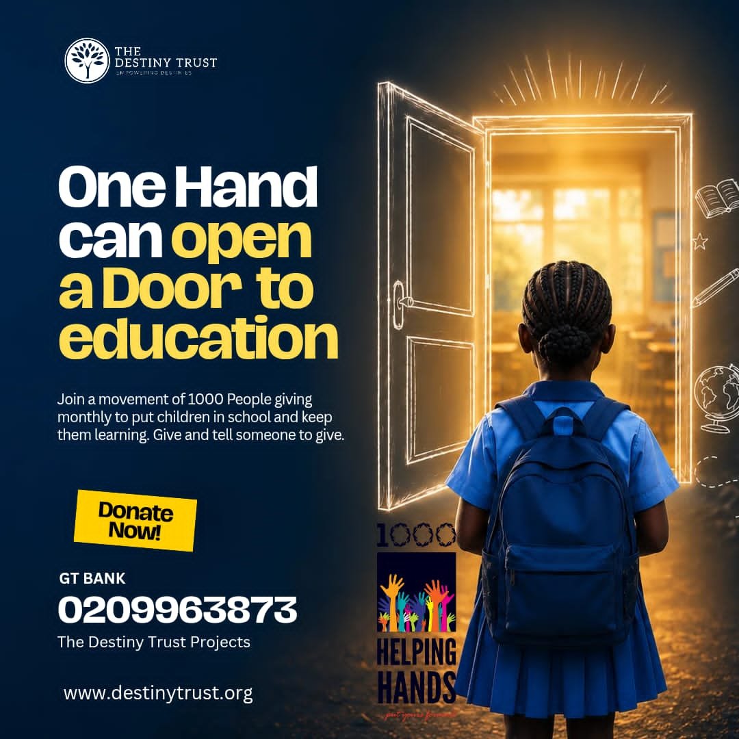 TheDestinyTrust's tweet photo. Today, we are excited to launch another season of our #1000HelpingHands campaign, a movement of people giving monthly to help vulnerable children get into school, stay in school, and build a brighter future.

One hand can open a door to education.
1,000 helping hands can keep 1,000 children in school.

Since 2012, your generosity has helped The Destiny Trust feed, shelter, educate and care for children who needed a community to stand with them. Every gift becomes part of an incredible story of change we write together: a child enrolled, a meal served, a school fee paid, a uniform provided, a safe home sustained, a dream kept alive.

We also know that trust matters. That is why we remain committed to using every donation carefully, accounting for it responsibly, and sharing the impact your giving makes. You can view our financial highlights from 2012 to mid-year 2026 and see how your support is changing lives at https://t.co/U6e1CotK6c

With ₦50,000, you can help put one more child in school this September. You can also give more, sponsor multiple children, or partner with us as a corporate organisation to support education, feeding, transport, digital learning, and care for children.

Donate:
0209963873
GTB
The Destiny Trust Projects

Or give via Paystack: 
https://t.co/wVNtoS0YAQ

Will you be one of the #1000HelpingHands lending a hand to keep a child in school?

#1000HelpingHands
#LendAHand #MakeADifference #TheDestinyTrust #EducationForAll