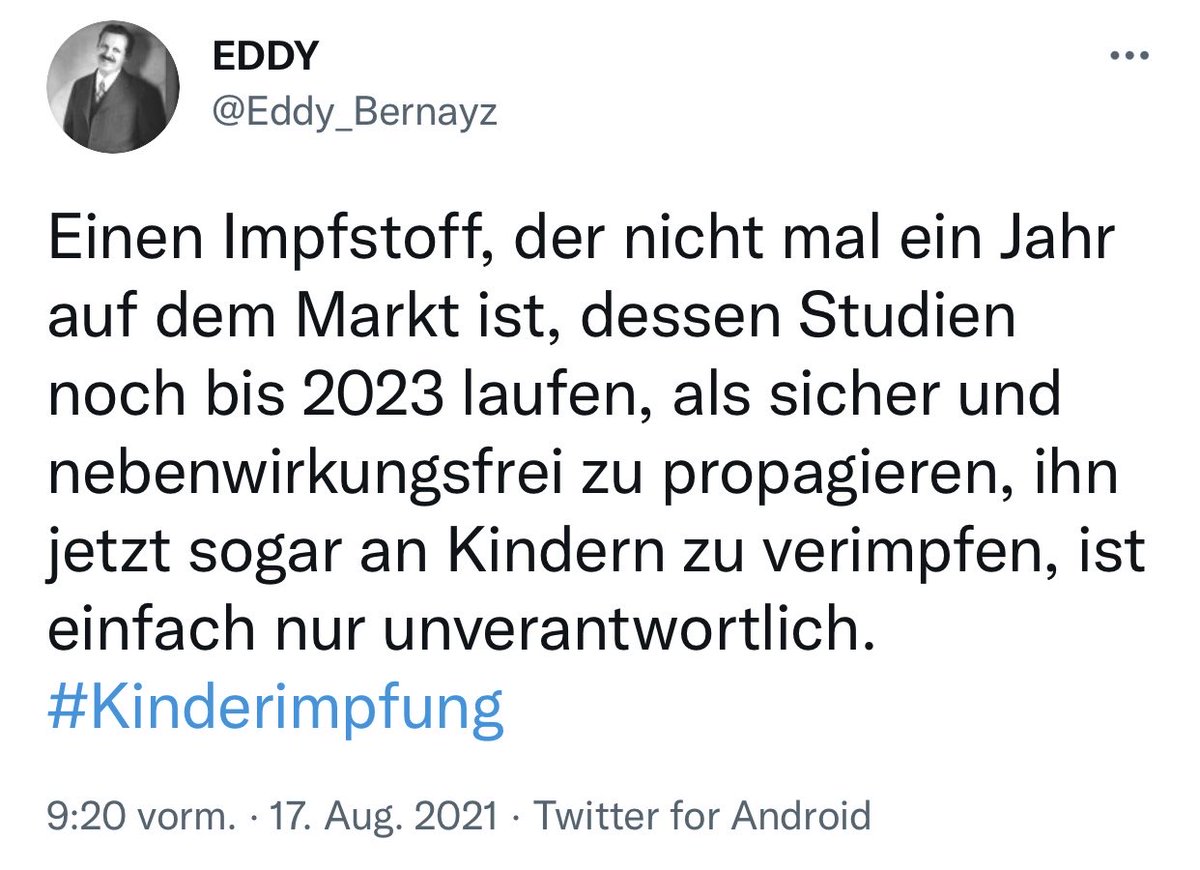 Tom_Bayou's tweet photo. "Einen Impfstoff, der nicht mal ein Jahr auf dem Markt ist, dessen Studien noch bis 2023 laufen, als sicher und nebenwirkungsfrei zu propagieren, ihn jetzt sogar an Kindern zu verimpfen, ist einfach nur unverantwortlich."

17.08.2021 #RichtigErinnern https://t.co/qErgsif2JG