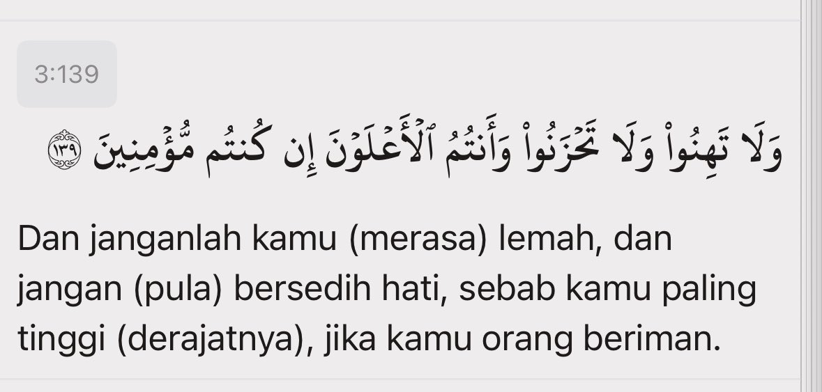 lilaccountz's tweet photo. guys, coba spill ayat Quran favorit kalian yg gabanyak org tau? yg anti-mainstream lah ya istilahnya. dan kenapa itu jadi favorit?

me first, Ali Imran : 139. suka banget ayat ini soalnya jd penghibur gue kalo lagi dihujat karena amar ma’ruf nahi munkar. 

trus inget kalo iya ya, yg penting validasi dari Allah. gue dikasih nikmat beriman pun udah cukup dan sangat bersyukur🥹