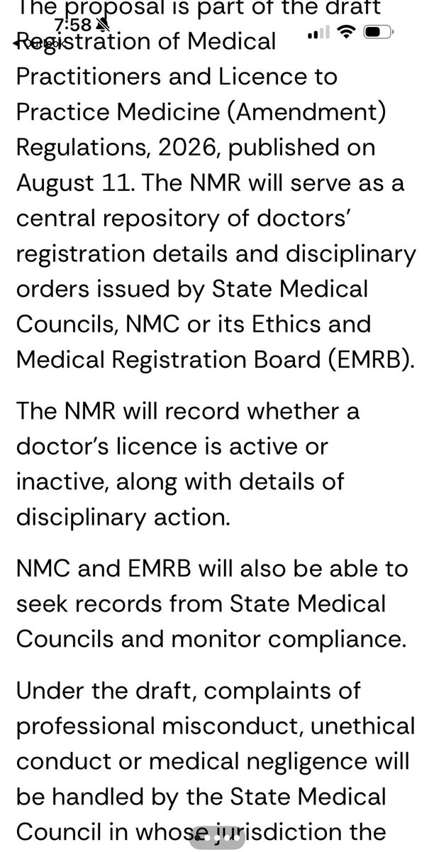 AnujaJaiswalTOI's tweet photo. A doctor’s #disciplinary #record may soon follow them across the country, with the National Medical Commission (@NMC_BHARAT) proposing to link the National Medical Register with state registers to track #licencestatus, #suspension, #removal and other disciplinary action. The proposal is part of the draft Registration of Medical Practitioners and Licence to Practice Medicine (Amendment) Regulations, 2026, published on August 11. The NMR will serve as a #centralrepository of #doctors’ registration details and disciplinary orders issued by State Medical Councils, NMC or its Ethics and Medical Registration Board (EMRB).
The NMR will record whether a doctor’s licence is active or inactive, along with details of disciplinary action. NMC and EMRB will also be able to seek records from State Medical Councils and monitor compliance. @timesofindia @MoHFW_INDIA