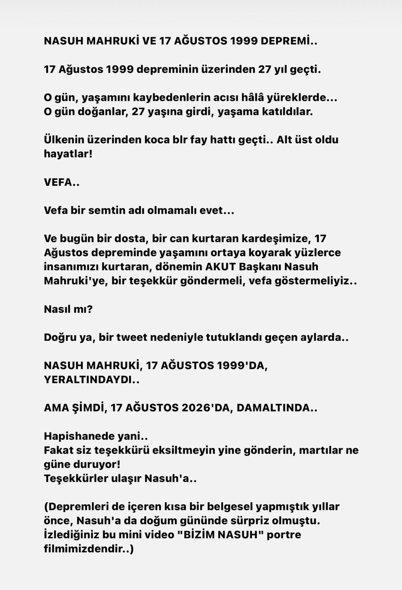 minemahruki's tweet photo. 17 Ağustos 1999 depreminin üzerinden 27 yıl geçti.

O gün hayatını kaybedenleri ve yüzlerce insanı kurtaran dönemin AKUT Başkanı Nasuh Mahruki’yi unutmadık.

1999’da yeraltındaydı.
2026’da demir parmaklıklar ardında.

Vefa bir semtin adı olmamalı.

Video ve metin: @nebilozgenturk https://t.co/r9wQPGQhaM
