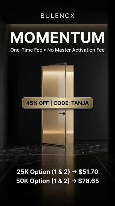 futuresedgepro's tweet photo. New path to a funded account.

Momentum Qualification offers:  
• One-time fee  
• No Master activation fee  

Straightforward. No extra charges.

🎯 Bulenox 45% off

🎈 25K Option (1 & 2) → $51.70  
🎈 50K Option (1 & 2) → $78.65

🔗 https://t.co/sEtr8oXIqM  
💕 Code : Tanja

#TANJA #Bulenox #FuturesTrading #MyFundedFutures #Apex #TopStep #Tradeify #Takeprofittrader #TPT #TraderMindset #es #nq #DayTrading #Lucidtrading #Momentum #PropTrading