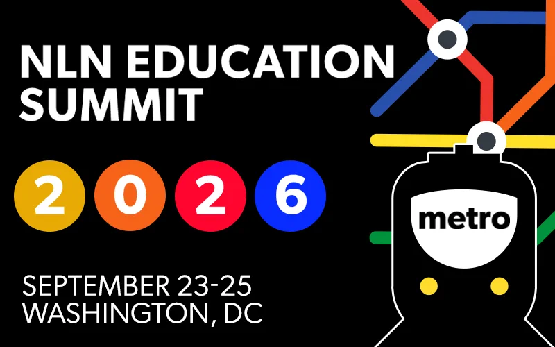 A graphic for the NLN Education Summit 2026, featuring a Metro train design and colorful lines. The event dates are September 23-25, held in Washington, DC.