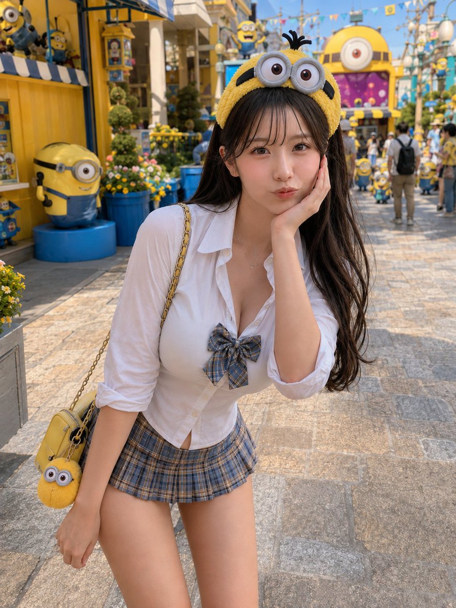 CyberTotal2026's tweet photo. 黄色いゴーグルとおそろい気分で、遊園地を満喫中🎡💛
頬杖ひとつで、写真までちょっとお茶目に。📸

#AIart #AI写真 #テーマパーク

【GPT Image2プロンプト】

主題：
黄色ゴーグルの遊園地

主体：
黄色いゴーグル風キャラクター装飾に囲まれた明るいテーマパークで、頬に手を添えて前屈みになる20代女性。画面中央に腿上まで大きく置き、黄色いぬいぐるみ帽子、白いブラウス、青茶のチェック柄衣装を描く。

人物・表情：
丸みのある卵形の顔と小さな顎、大きな茶色い瞳、細い自然な眉、小ぶりな鼻、艶のある桃色の唇。顔を正面へ向けてカメラを見つめ、唇をすぼめたお茶目な表情。胸下までの濃い茶色のロングヘア、薄い束感の前髪、右肩へ流れる緩いウェーブ。

服装・ポーズ：
白い透け感のある長袖ブラウス。開いた襟、胸元のボタン、肘までまくった袖、胸中央の青茶チェック柄リボンを明確にする。同柄の短いプリーツスカート。黄色い小型バッグを金色チェーンで肩掛けする。上体を前へ傾け、人物自身の左手を左頬に添え、右腕を太腿脇へ下げる。

背景・光：
画面左に黄色い店舗と青い台座、大小の黄色いゴーグル姿のキャラクター像。画面右奥に黄色い大きな一つ目装飾の建物、旗飾り、来園者が続く石畳。上方から明るい夏の直射日光を当て、顔は柔らかな補助光で均一に照らす。

構図・カメラ：
縦3:4。目線より少し高い正面カメラによる腿上の近接ポートレート。人物を中央やや左に大きく配置し、帽子を上部、バッグを左下、キャラクター建物を右上に収める。太腿は下端で切る。顔に鋭くピントを合わせ、背景は形が分かる程度に軽くぼかす。

質感・スタイル：
晴天のテーマパークで撮影したフォトリアルな実写写真。肌理、髪、薄い白布、プリーツ、ぬいぐるみの毛足、石畳と彩色された装飾を精細に描く。

ネガティブ：
黄色い二眼ぬいぐるみ帽子の省略；左手と頬の接触変更