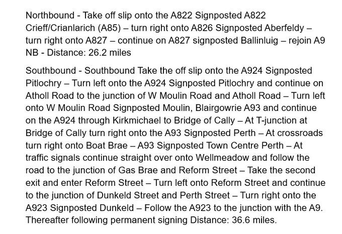 trafficscotland's tweet photo. @NWTrunkRoads UPDATE❗️⌚️15:35
🛣️#A9 North Of Dunkeld

CLOSED in both directions for collision investigation⛔️

Diversion routes are heavily congested as a result. Details can be found below👇

42 minute delay N/B through diversion❗️ 
27 minute delay S/B through diversion ❗️

@NWTrunkRoads https://t.co/G99DEy517E
