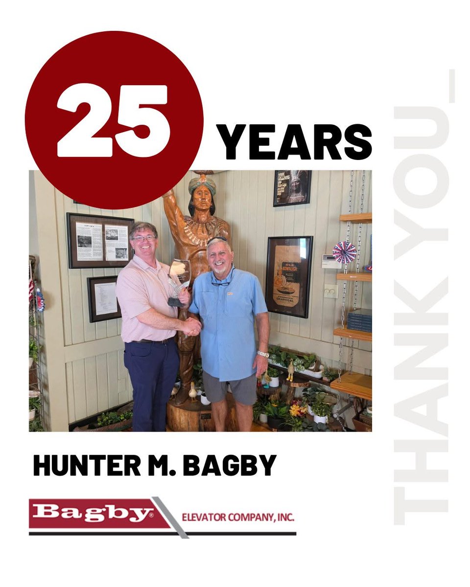 BagbyElevator's tweet photo. Celebrating 25 years with our fearless leader, Hunter M. Bagby! Since joining Bagby Elevator in 2001, Hunter has helped lead incredible growth while building a strong team and showing genuine care for his employees. Congratulations on 25 years, Hunter! https://t.co/Ry4so9qomR
