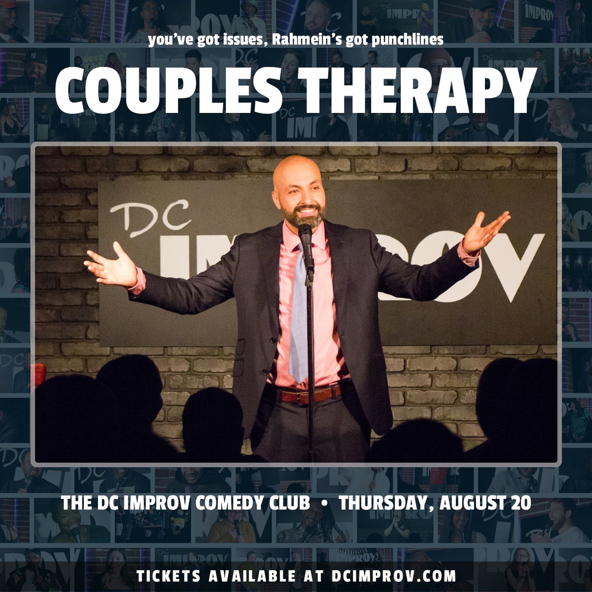 dcimprov's tweet photo. Happy Monday! This week at the club ...
@GregWarren headlines the weekend
#PunDMV returns Wednesday
@Rahmein88 presents Couples Therapy on Thursday
stand-up showcase in our lounge https://t.co/fosjYhgoSb